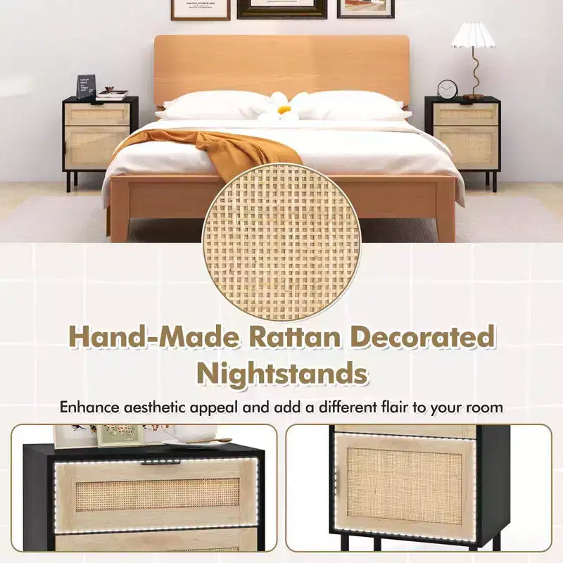 Costway Rattan Nightstand Set of 2 Mid Century Modern End Table with Drawer & Cabinet