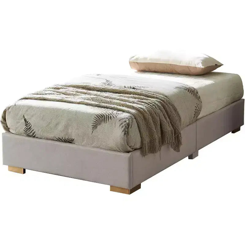 Kings Brand Furniture Upholstered Platform Bed Frame, Mattress Foundation, Brown Fabric, Gold Legs, Wooden Slat Support, No Box Spring Needed