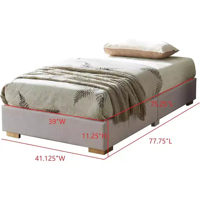 Kings Brand Furniture Upholstered Platform Bed Frame, Mattress Foundation, Brown Fabric, Gold Legs, Wooden Slat Support, No Box Spring Needed