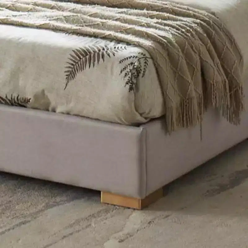 Kings Brand Furniture Upholstered Platform Bed Frame, Mattress Foundation, Brown Fabric, Gold Legs, Wooden Slat Support, No Box Spring Needed