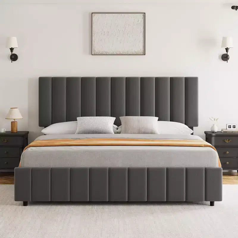 Garvee King/Queen/Full Upholstered Bed Frame with 4 Storage Drawers, Adjustable Headboard & Wood Slats, No Box Spring Needed, Black/Grey/White