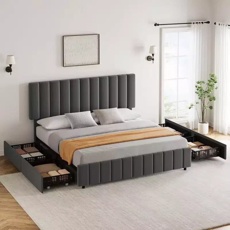 Garvee King/Queen/Full Upholstered Bed Frame with 4 Storage Drawers, Adjustable Headboard & Wood Slats, No Box Spring Needed, Black/Grey/White