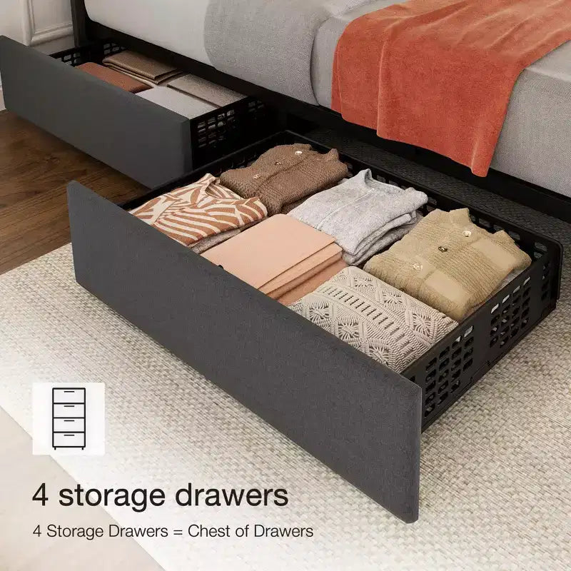 Garvee King/Queen/Full Upholstered Bed Frame with 4 Storage Drawers, Adjustable Headboard & Wood Slats, No Box Spring Needed, Black/Grey/White
