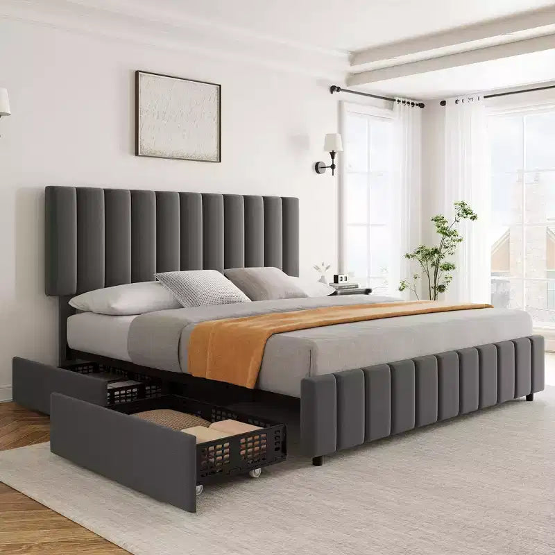 Garvee King/Queen/Full Upholstered Bed Frame with 4 Storage Drawers, Adjustable Headboard & Wood Slats, No Box Spring Needed, Black/Grey/White