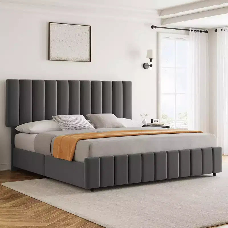 Garvee King/Queen/Full Upholstered Bed Frame with 4 Storage Drawers, Adjustable Headboard & Wood Slats, No Box Spring Needed, Black/Grey/White