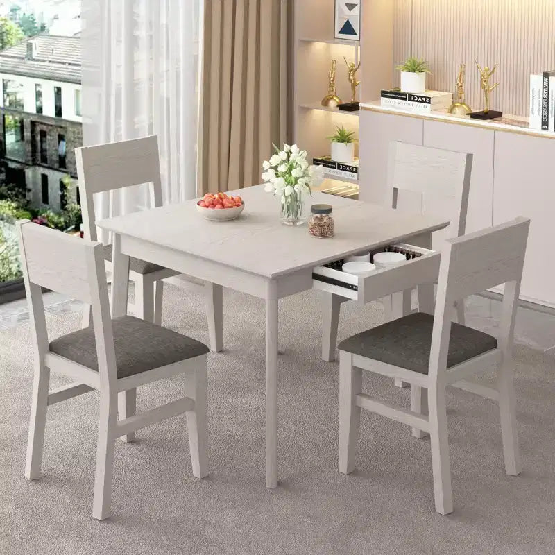 VECELO Rustic Square Dining Table, Rubber Wood Table with 4 Solid Wood Legs & 2 Storage Drawers for Kitchen, Gray