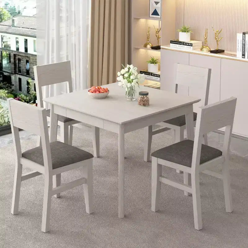 VECELO Rustic Square Dining Table, Rubber Wood Table with 4 Solid Wood Legs & 2 Storage Drawers for Kitchen, Gray