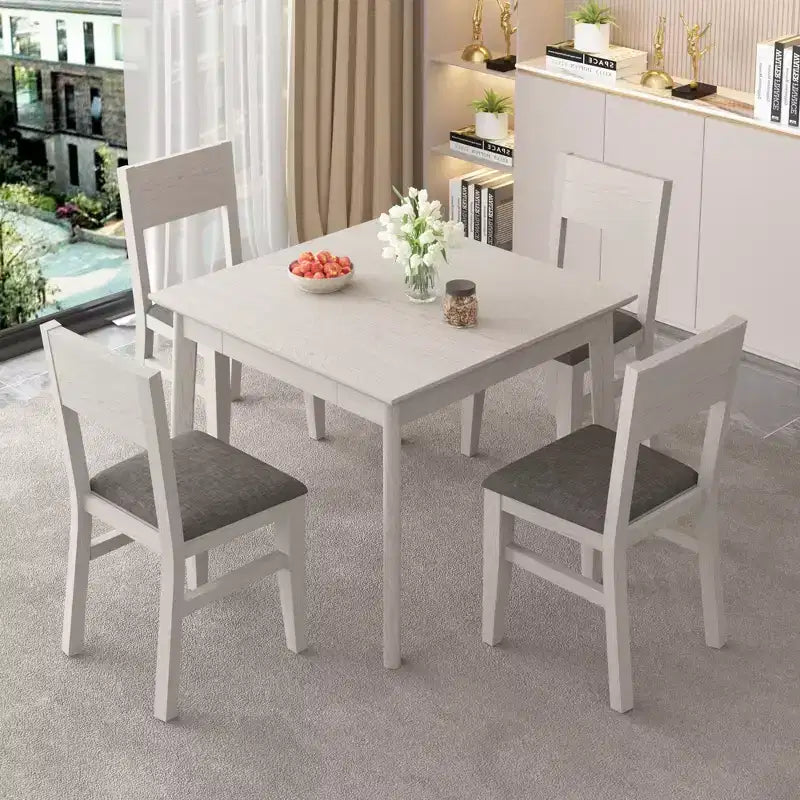 VECELO Rustic Square Dining Table, Rubber Wood Table with 4 Solid Wood Legs & 2 Storage Drawers for Kitchen, Gray