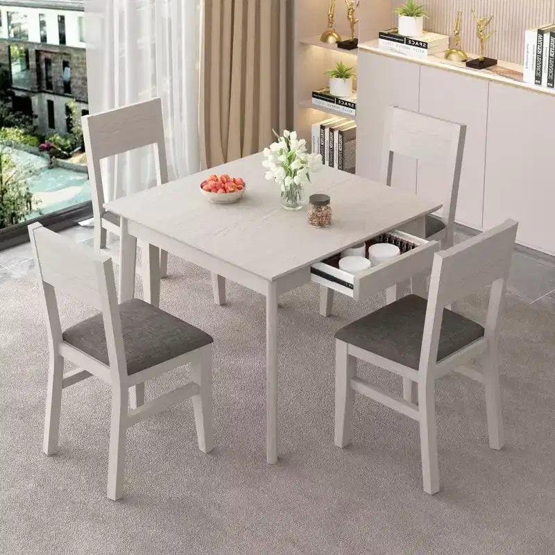 VECELO Rustic Square Dining Table, Rubber Wood Table with 4 Solid Wood Legs & 2 Storage Drawers for Kitchen, Gray