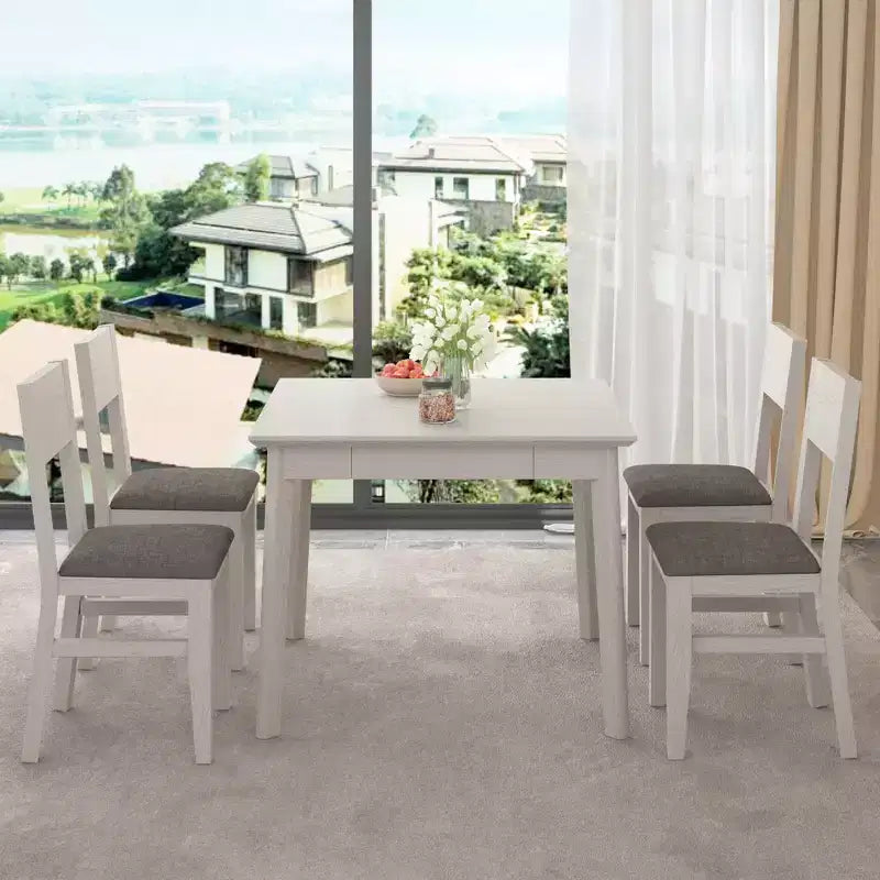 VECELO Rustic Square Dining Table, Rubber Wood Table with 4 Solid Wood Legs & 2 Storage Drawers for Kitchen, Gray