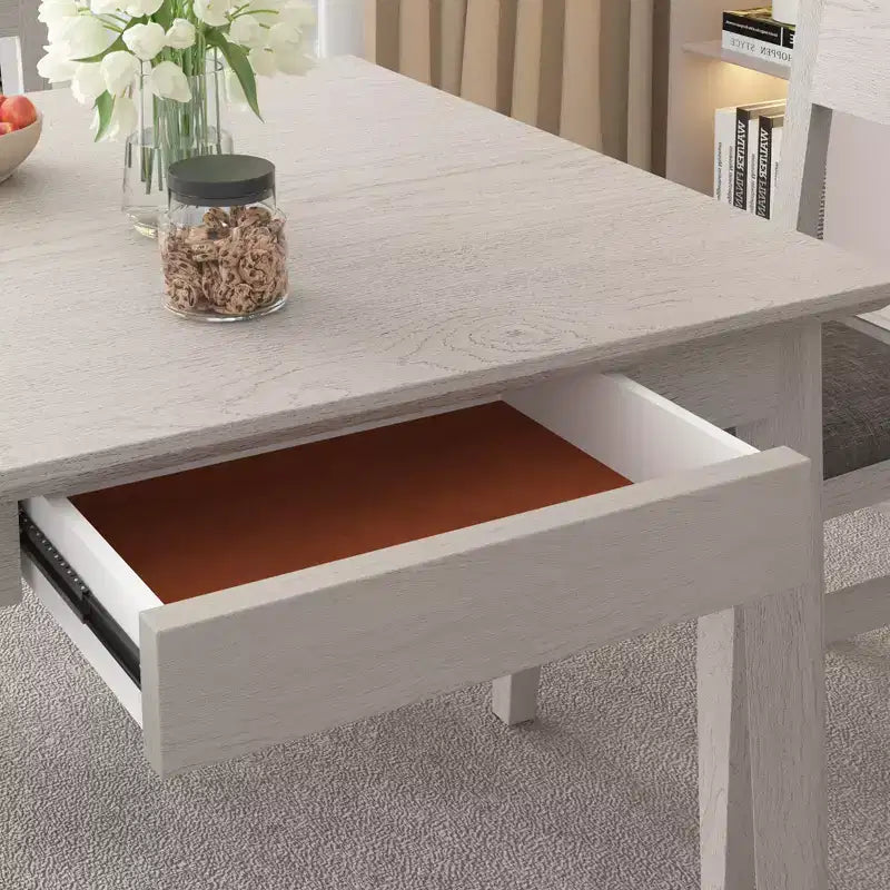 VECELO Rustic Square Dining Table, Rubber Wood Table with 4 Solid Wood Legs & 2 Storage Drawers for Kitchen, Gray