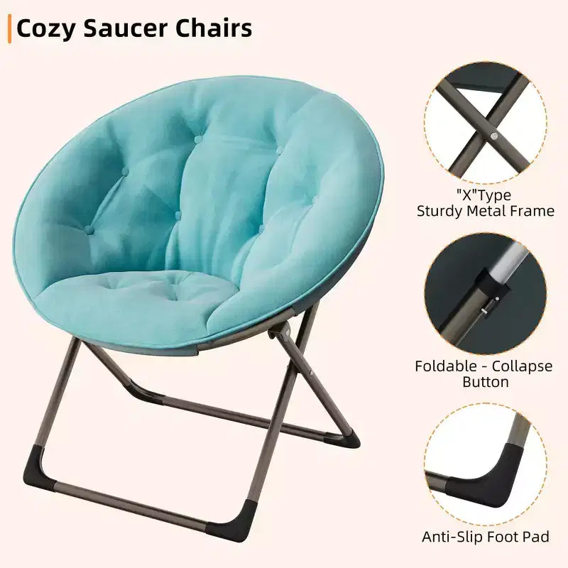 Comfy Saucer Chairs, Black Folding Reading Lounge Chair, Cozy Faux Fur Living Room Chair with Soft Thick Padded Seat & Metal Frame, Modern Style