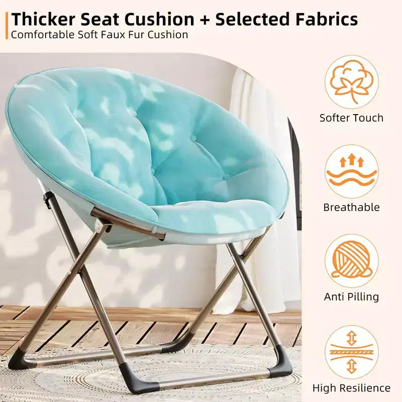 Comfy Saucer Chairs, Black Folding Reading Lounge Chair, Cozy Faux Fur Living Room Chair with Soft Thick Padded Seat & Metal Frame, Modern Style