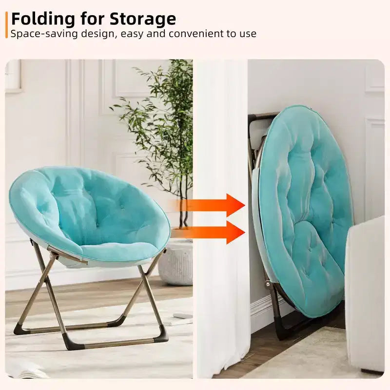 Comfy Saucer Chairs, Black Folding Reading Lounge Chair, Cozy Faux Fur Living Room Chair with Soft Thick Padded Seat & Metal Frame, Modern Style