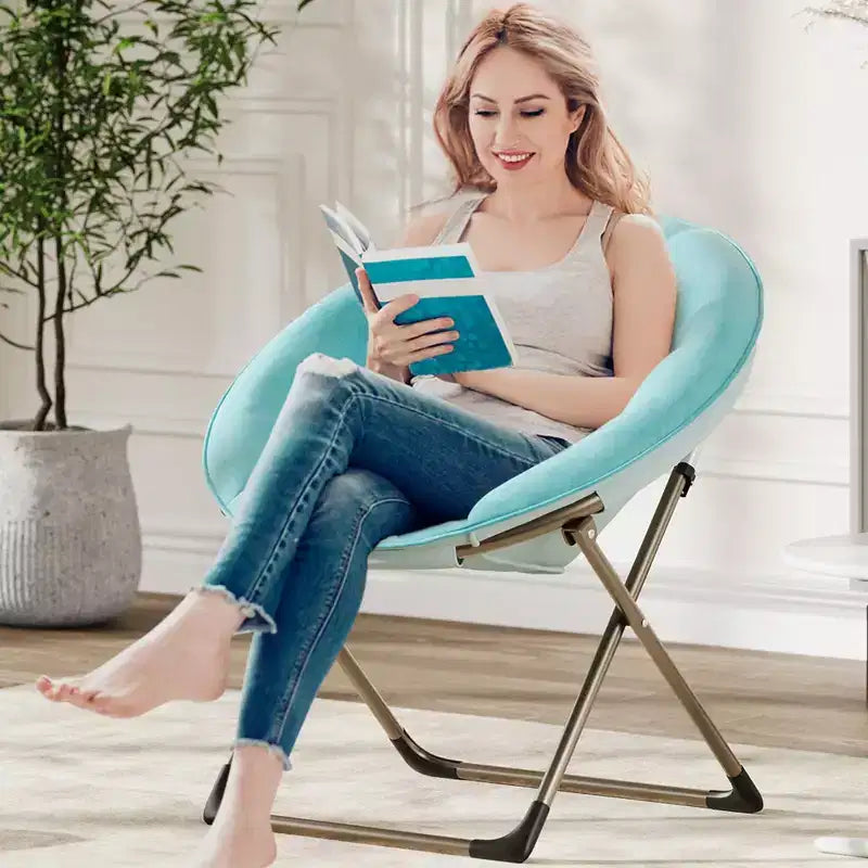 Comfy Saucer Chairs, Black Folding Reading Lounge Chair, Cozy Faux Fur Living Room Chair with Soft Thick Padded Seat & Metal Frame, Modern Style