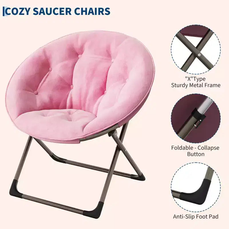 Comfy Saucer Chairs, Black Folding Reading Lounge Chair, Cozy Faux Fur Living Room Chair with Soft Thick Padded Seat & Metal Frame, Modern Style