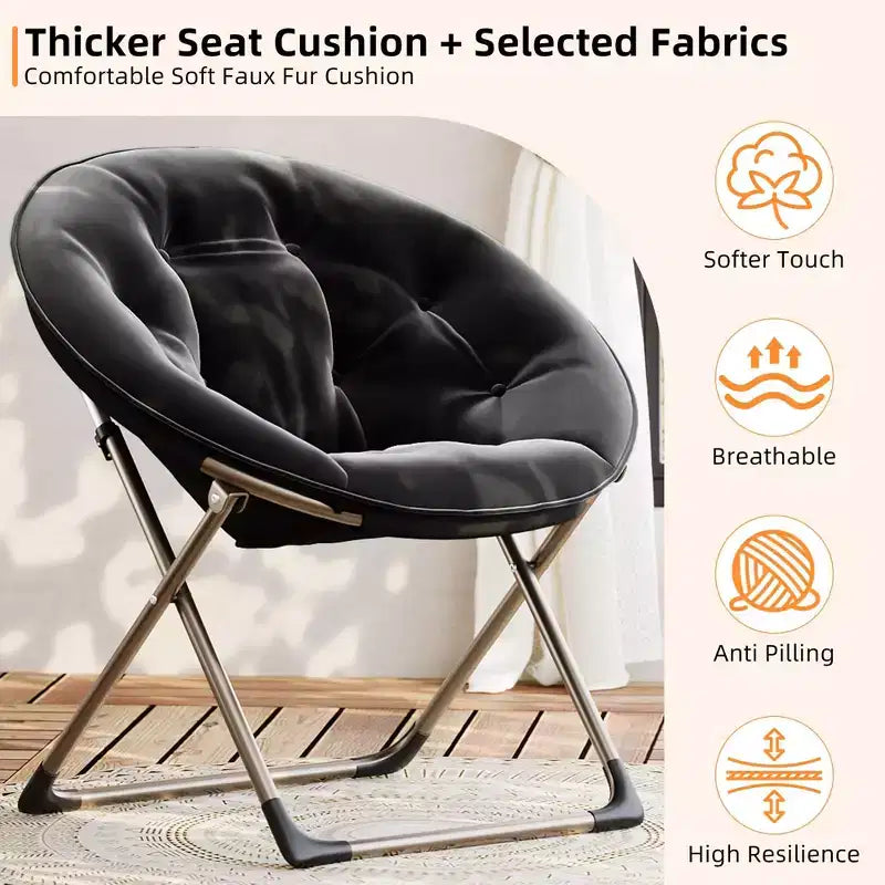 Comfy Saucer Chairs, Black Folding Reading Lounge Chair, Cozy Faux Fur Living Room Chair with Soft Thick Padded Seat & Metal Frame, Modern Style