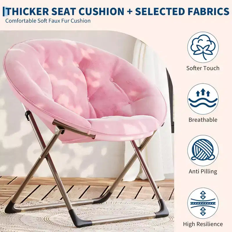 Comfy Saucer Chairs, Black Folding Reading Lounge Chair, Cozy Faux Fur Living Room Chair with Soft Thick Padded Seat & Metal Frame, Modern Style