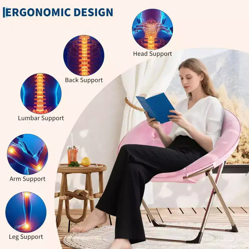 Comfy Saucer Chairs, Black Folding Reading Lounge Chair, Cozy Faux Fur Living Room Chair with Soft Thick Padded Seat & Metal Frame, Modern Style