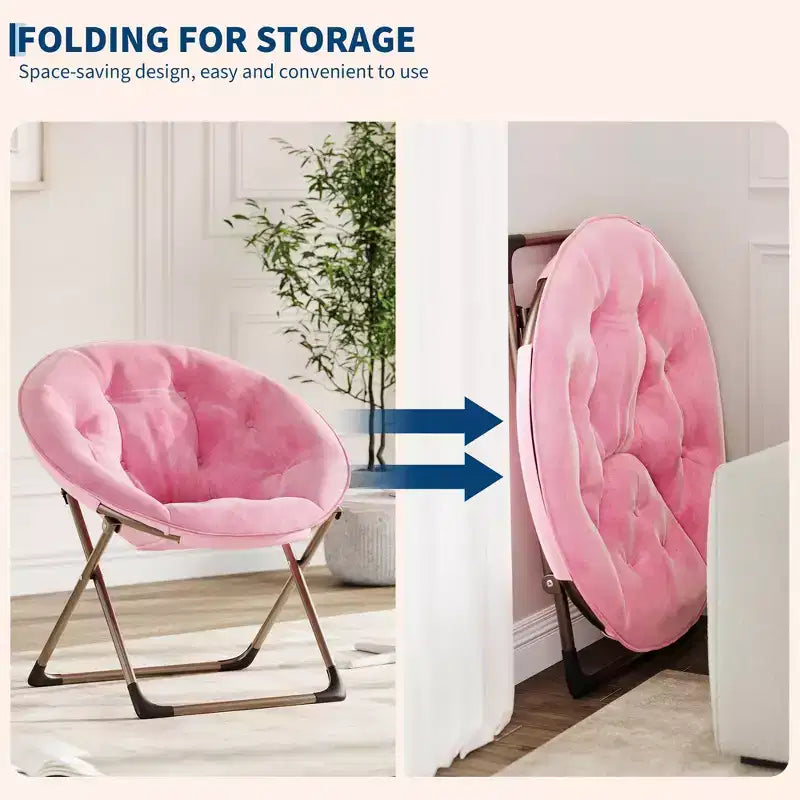 Comfy Saucer Chairs, Black Folding Reading Lounge Chair, Cozy Faux Fur Living Room Chair with Soft Thick Padded Seat & Metal Frame, Modern Style