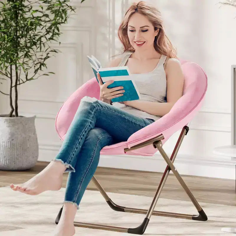 Comfy Saucer Chairs, Black Folding Reading Lounge Chair, Cozy Faux Fur Living Room Chair with Soft Thick Padded Seat & Metal Frame, Modern Style
