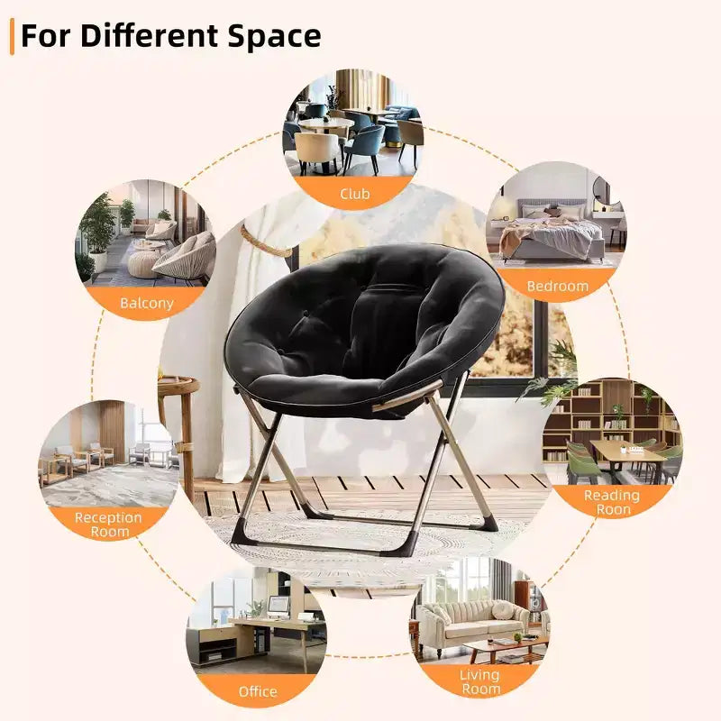 Comfy Saucer Chairs, Black Folding Reading Lounge Chair, Cozy Faux Fur Living Room Chair with Soft Thick Padded Seat & Metal Frame, Modern Style