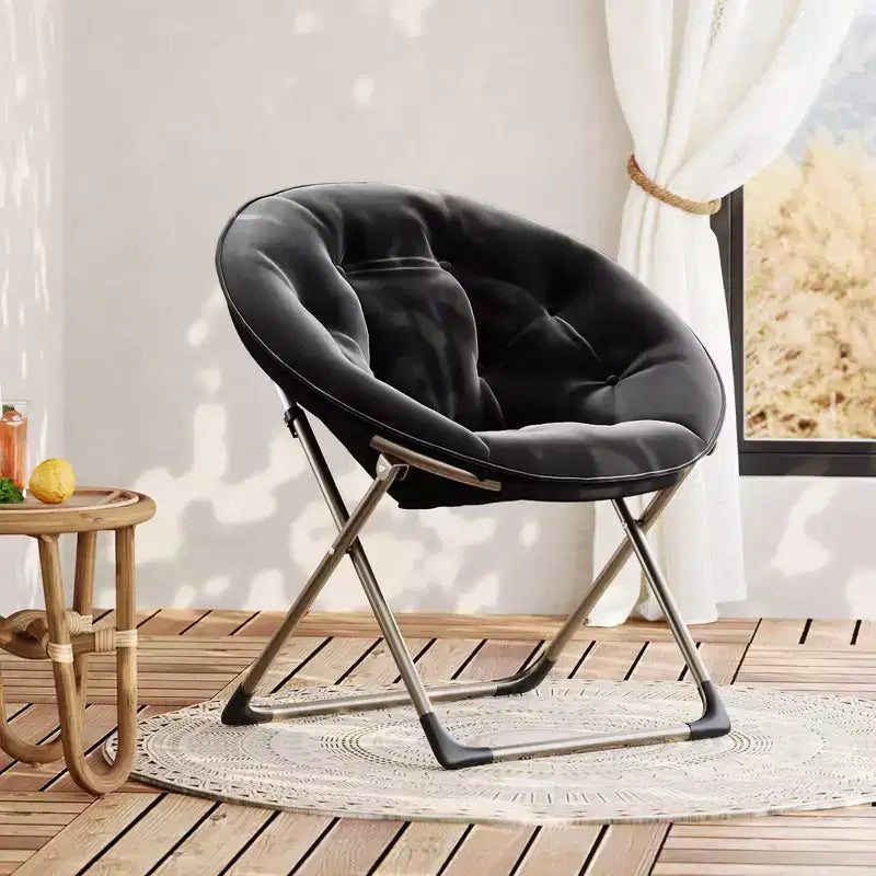 Comfy Saucer Chairs, Black Folding Reading Lounge Chair, Cozy Faux Fur Living Room Chair with Soft Thick Padded Seat & Metal Frame, Modern Style