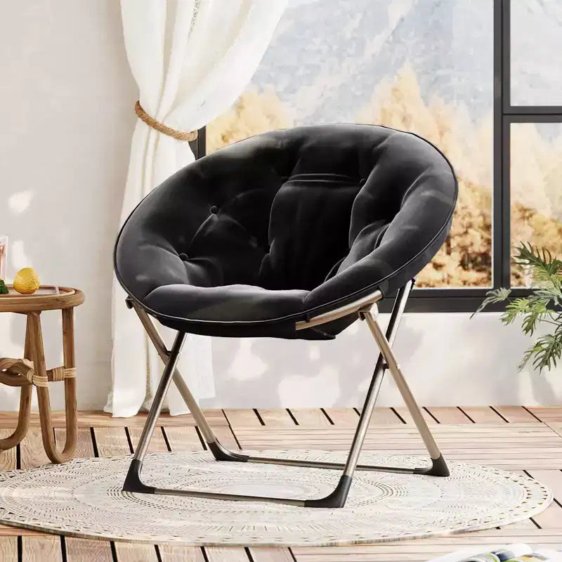 Comfy Saucer Chairs, Black Folding Reading Lounge Chair, Cozy Faux Fur Living Room Chair with Soft Thick Padded Seat & Metal Frame, Modern Style