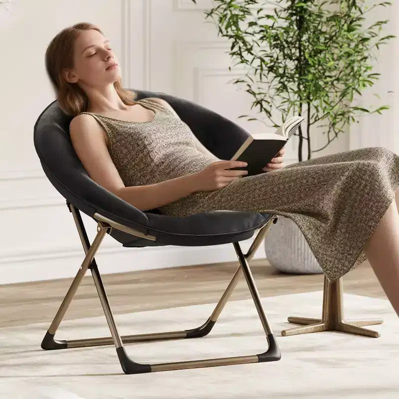 Comfy Saucer Chairs, Black Folding Reading Lounge Chair, Cozy Faux Fur Living Room Chair with Soft Thick Padded Seat & Metal Frame, Modern Style
