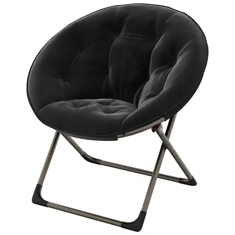 Comfy Saucer Chairs, Black Folding Reading Lounge Chair, Cozy Faux Fur Living Room Chair with Soft Thick Padded Seat & Metal Frame, Modern Style