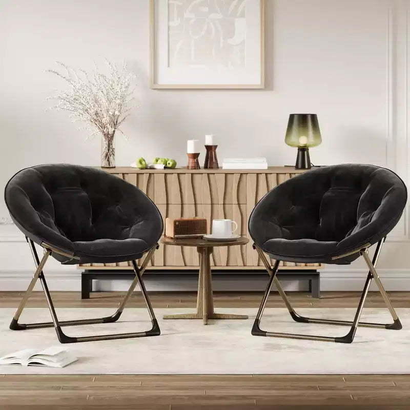 Comfy Saucer Chairs, Black Folding Reading Lounge Chair, Cozy Faux Fur Living Room Chair with Soft Thick Padded Seat & Metal Frame, Modern Style