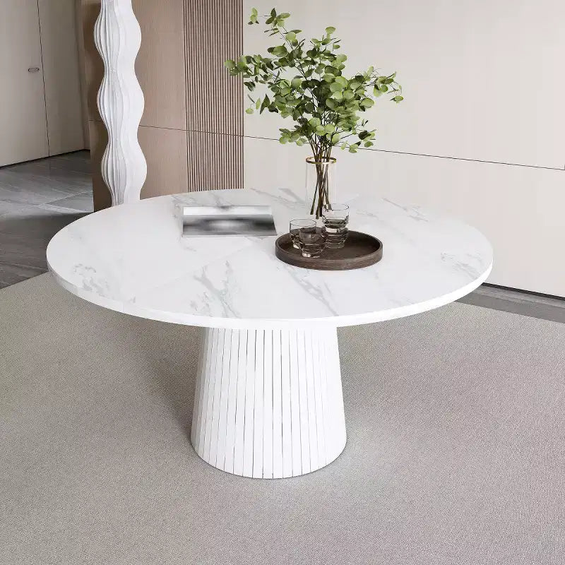 47 Modern Round Dining Table for 4, Farmhouse Kitchen Table with Wood Strip Base, Pedestal Table for Dining Room-Panipeachy