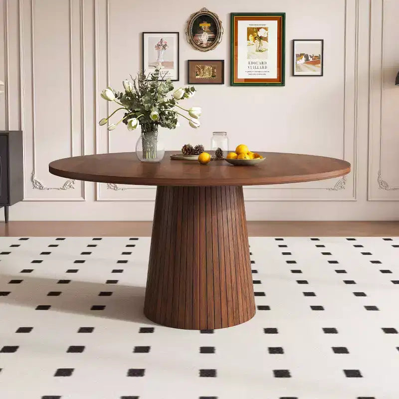 47 Modern Round Dining Table for 4, Farmhouse Kitchen Table with Wood Strip Base, Pedestal Table for Dining Room-Panipeachy
