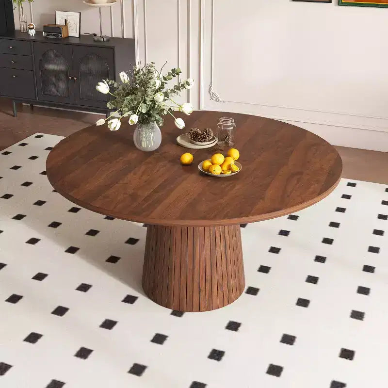 47 Modern Round Dining Table for 4, Farmhouse Kitchen Table with Wood Strip Base, Pedestal Table for Dining Room-Panipeachy
