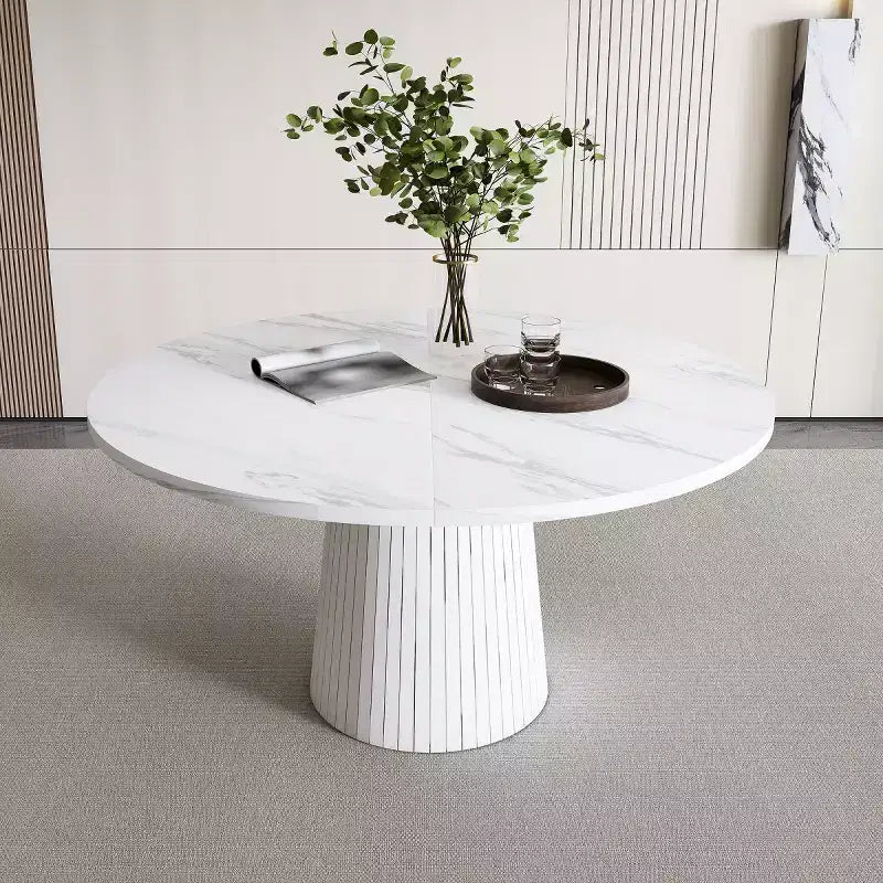 47 Modern Round Dining Table for 4, Farmhouse Kitchen Table with Wood Strip Base, Pedestal Table for Dining Room-Panipeachy