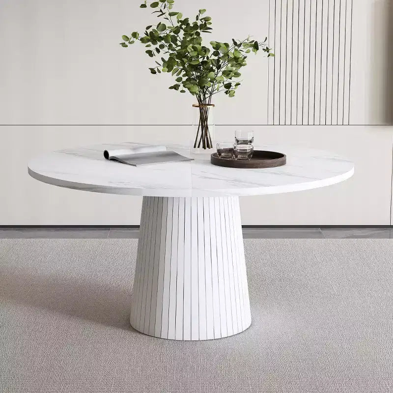 47 Modern Round Dining Table for 4, Farmhouse Kitchen Table with Wood Strip Base, Pedestal Table for Dining Room-Panipeachy