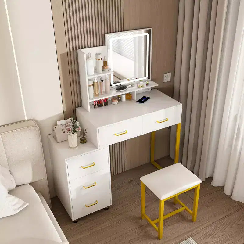 JVNOXK Vanity Table with LED Lights, 3 Color Modes and USB Port, 5 Drawers, Sturdy Metal Legs and Metal Chair, for Bedroom & Dressing Room, White