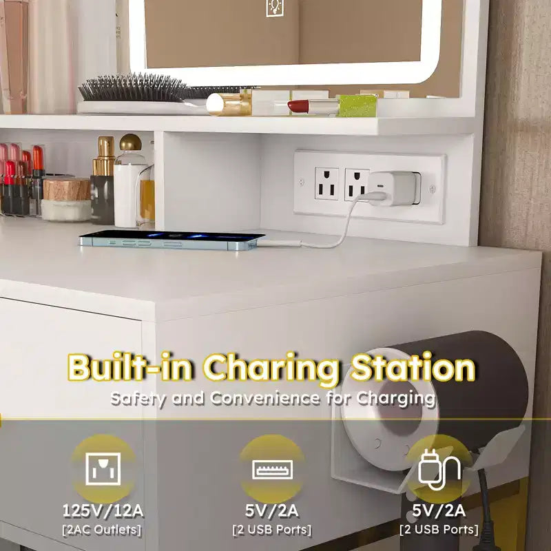 JVNOXK Vanity Table with LED Lights, 3 Color Modes and USB Port, 5 Drawers, Sturdy Metal Legs and Metal Chair, for Bedroom & Dressing Room, White