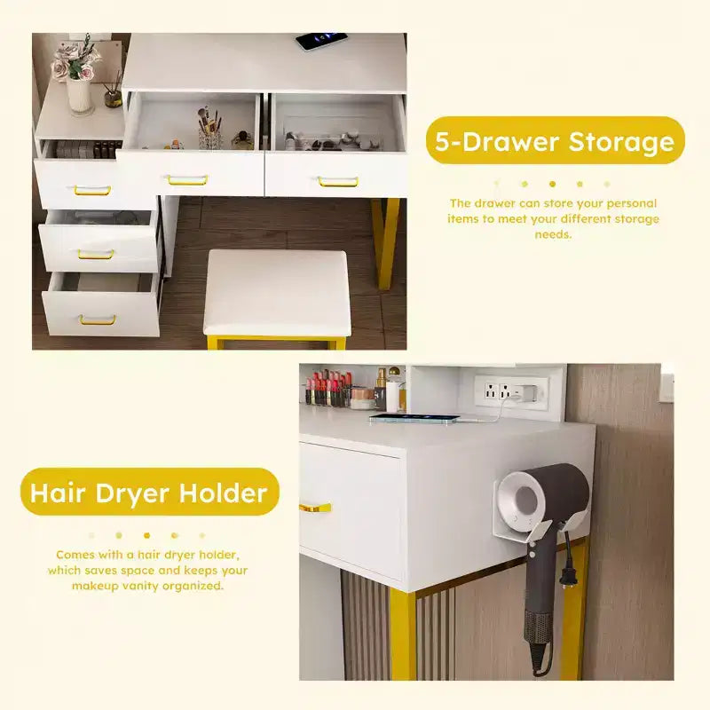 JVNOXK Vanity Table with LED Lights, 3 Color Modes and USB Port, 5 Drawers, Sturdy Metal Legs and Metal Chair, for Bedroom & Dressing Room, White
