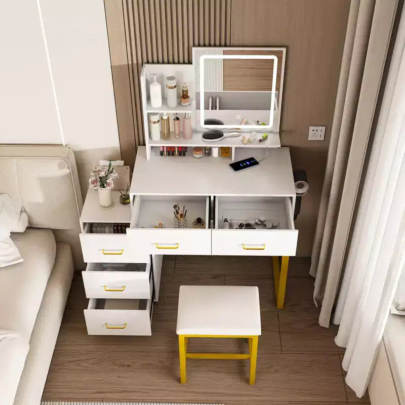 JVNOXK Vanity Table with LED Lights, 3 Color Modes and USB Port, 5 Drawers, Sturdy Metal Legs and Metal Chair, for Bedroom & Dressing Room, White