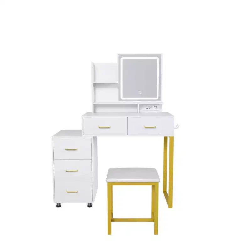 JVNOXK Vanity Table with LED Lights, 3 Color Modes and USB Port, 5 Drawers, Sturdy Metal Legs and Metal Chair, for Bedroom & Dressing Room, White