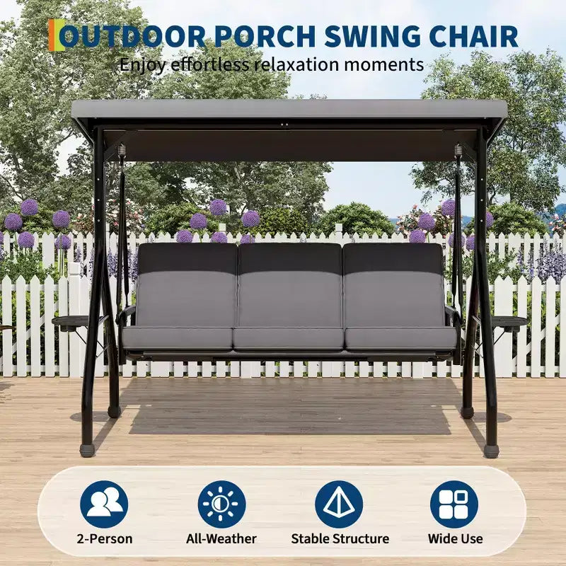 Coolmee 3 Seat Outdoor Porch Swing, 2-in-1 Patio Swing Chair with Thickened Removable Cushions, Weather Resistant Steel Frame for Backyard, Garden