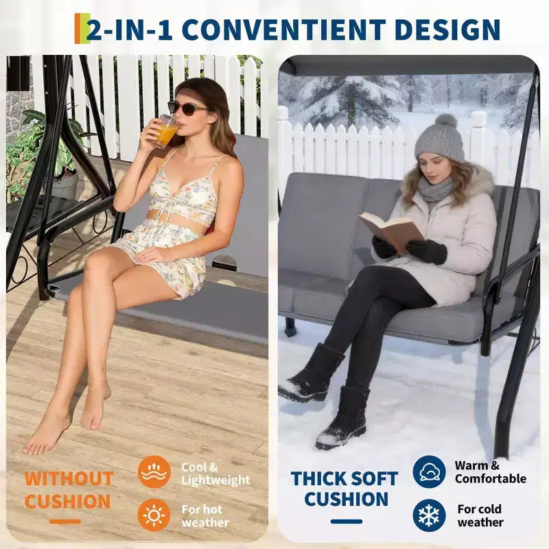Coolmee 3 Seat Outdoor Porch Swing, 2-in-1 Patio Swing Chair with Thickened Removable Cushions, Weather Resistant Steel Frame for Backyard, Garden