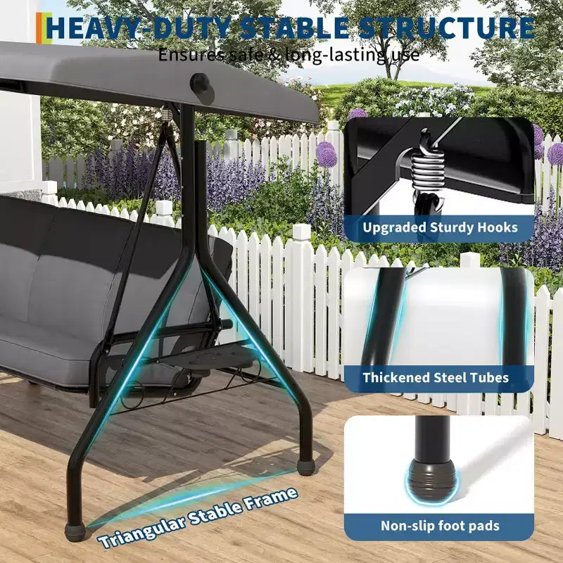 Coolmee 3 Seat Outdoor Porch Swing, 2-in-1 Patio Swing Chair with Thickened Removable Cushions, Weather Resistant Steel Frame for Backyard, Garden