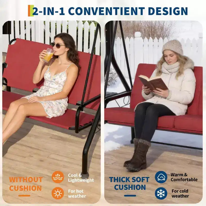 Coolmee 3 Seat Outdoor Porch Swing, 2-in-1 Patio Swing Chair with Thickened Removable Cushions, Weather Resistant Steel Frame for Backyard, Garden