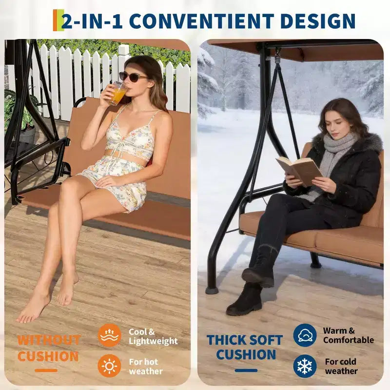 Coolmee 3 Seat Outdoor Porch Swing, 2-in-1 Patio Swing Chair with Thickened Removable Cushions, Weather Resistant Steel Frame for Backyard, Garden