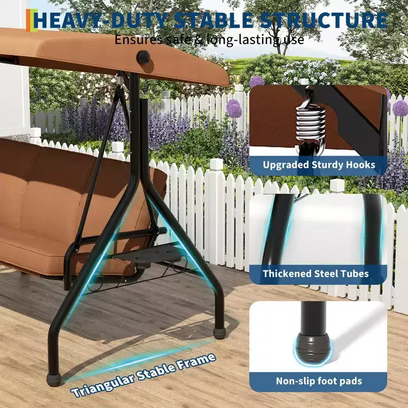 Coolmee 3 Seat Outdoor Porch Swing, 2-in-1 Patio Swing Chair with Thickened Removable Cushions, Weather Resistant Steel Frame for Backyard, Garden
