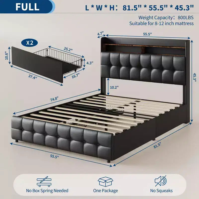 Full Size Bed Frame with 2 Storage Drawers,Upholstered Bed Frame Full with LED Light,Double-Layer Bedside Headboard with Charging Socket and USB Port