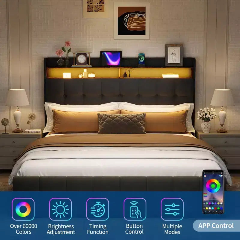 Full Size Bed Frame with 2 Storage Drawers,Upholstered Bed Frame Full with LED Light,Double-Layer Bedside Headboard with Charging Socket and USB Port