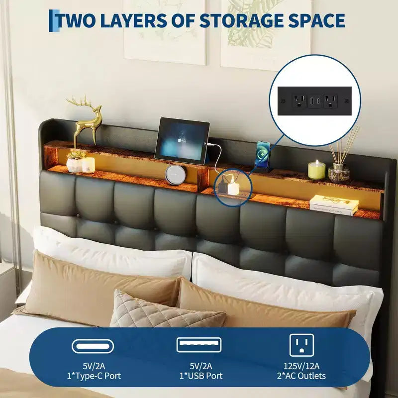 Full Size Bed Frame with 2 Storage Drawers,Upholstered Bed Frame Full with LED Light,Double-Layer Bedside Headboard with Charging Socket and USB Port
